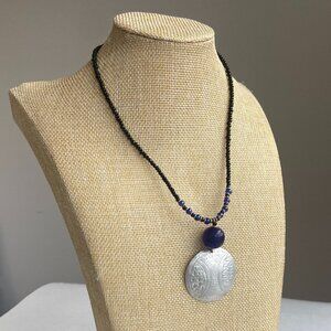 Black Beaded Necklace with Blue & Black Beads & Silver Medallion